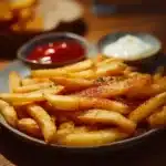 Crispy seasoned French fries served in a bowl with herbs and seasoning.
