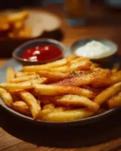 Seasoned French Fries 3 Crispy seasoned French fries served in a bowl with herbs and seasoning.