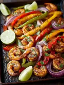 Sheet Pan Shrimp Fajitas 3 Sheet pan shrimp fajitas with vibrant vegetables and spices.