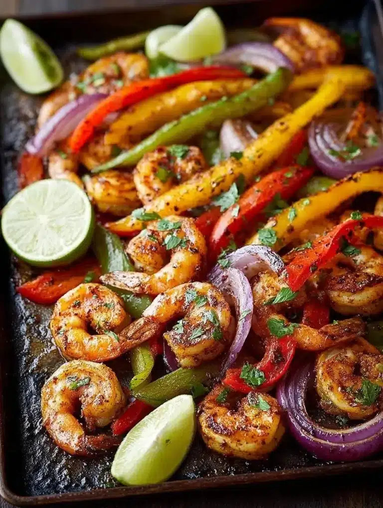 Sheet pan shrimp fajitas with vibrant vegetables and spices.