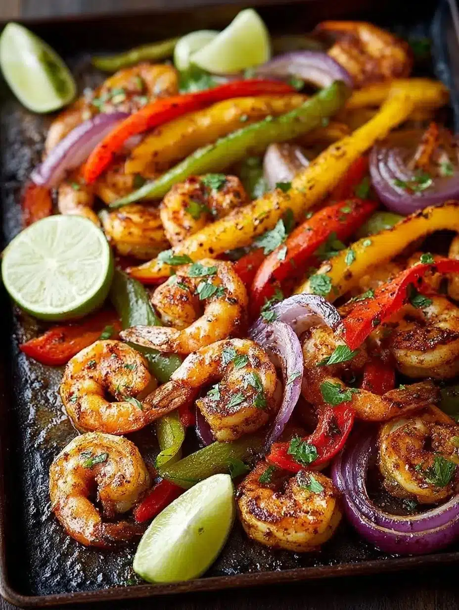 Sheet pan shrimp fajitas with vibrant vegetables and spices.