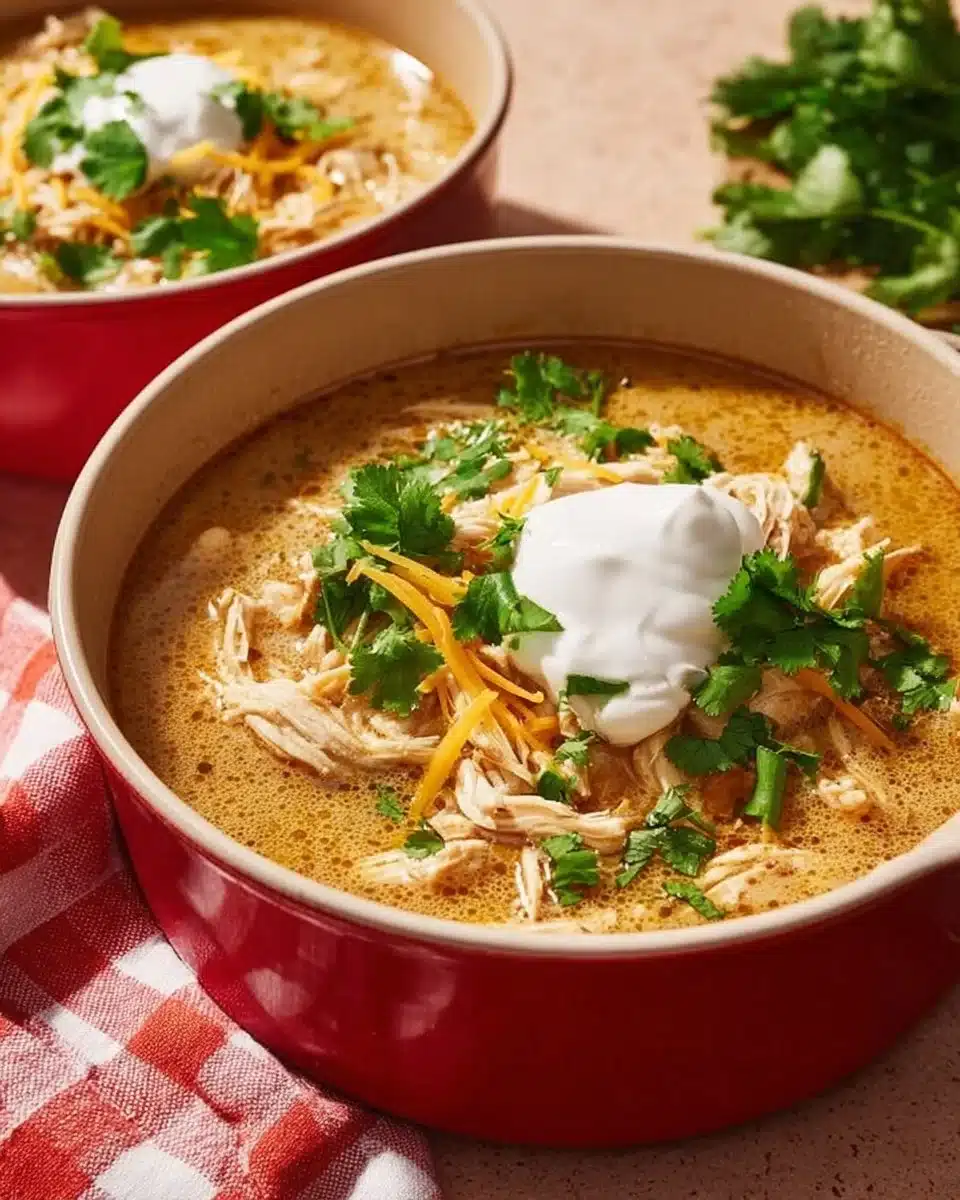 Bowl of Simple Keto White Chicken Chili topped with fresh herbs