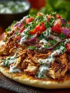 Delicious slow cooker chicken shawarma served with fresh vegetables and pita.