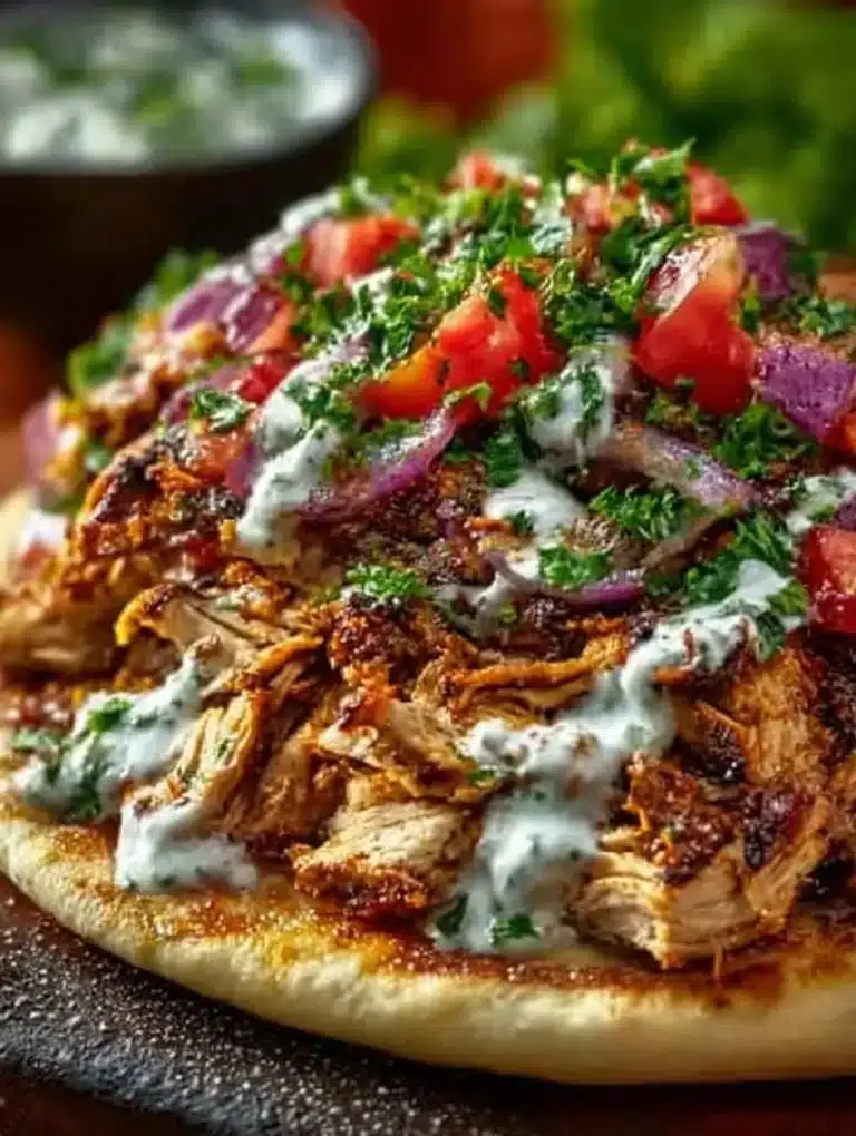 Delicious slow cooker chicken shawarma served with fresh vegetables and pita.
