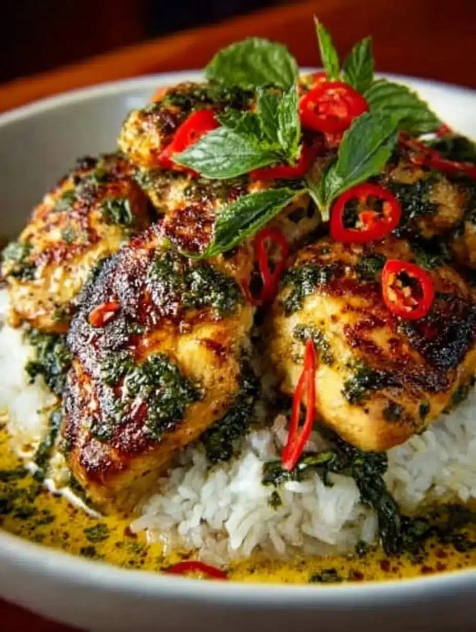 Plate of spiced coconut basil chicken garnished with fresh basil leaves