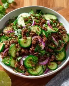 Spicy Korean Ground Beef served with a fresh cucumber salad on a plate.