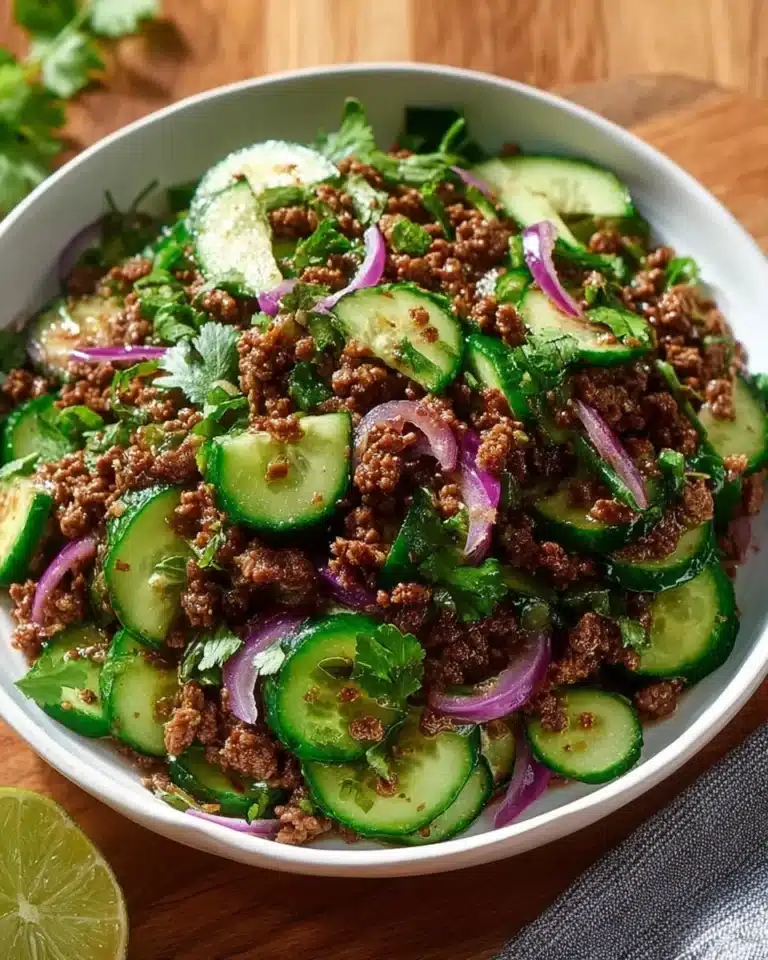 Spicy Korean Ground Beef served with a fresh cucumber salad on a plate.
