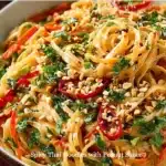 Bowl of spicy Thai noodles with peanut sauce topped with vegetables and herbs