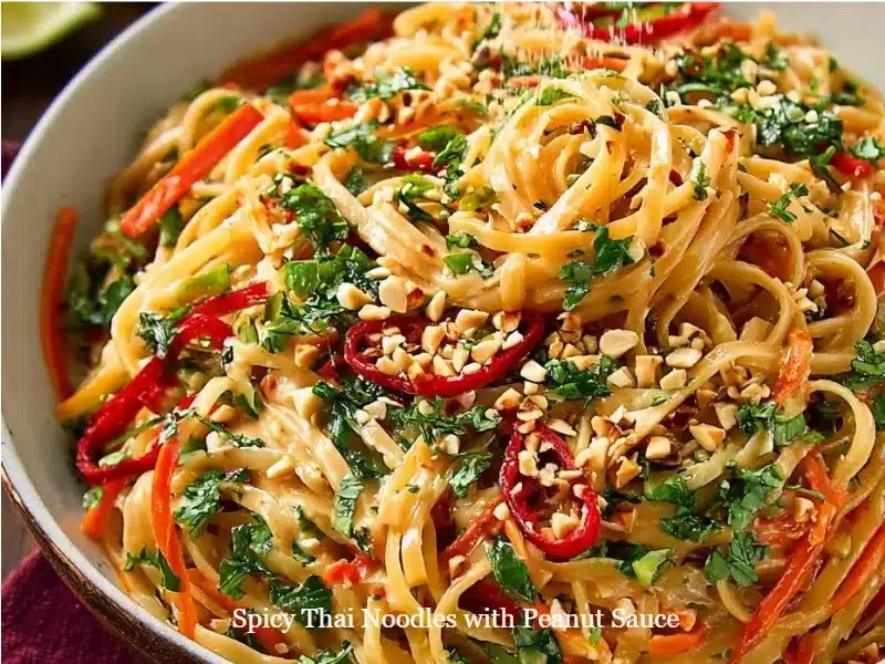 Spicy Thai Noodles with Peanut Sauce 1 Bowl of spicy Thai noodles with peanut sauce topped with vegetables and herbs