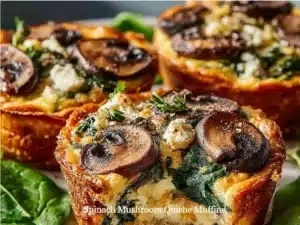 Spinach Mushroom Quiche Muffins 3 Spinach mushroom quiche muffins fresh out of the oven, ready to serve.