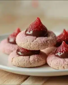 Delicious strawberry kiss cookies decorated with a strawberry topping