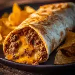 Taco Bell beef burrito stuffed with savory ingredients and wrapped in a tortilla