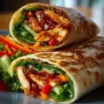 Delicious sweet chili chicken wraps with fresh vegetables and savory sauce