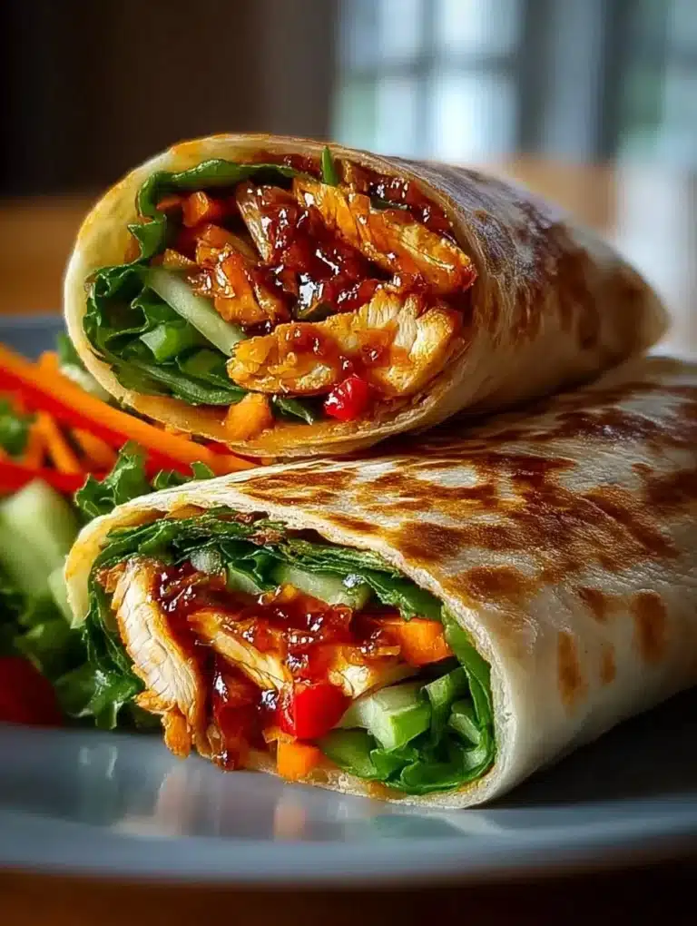 Delicious sweet chili chicken wraps with fresh vegetables and savory sauce