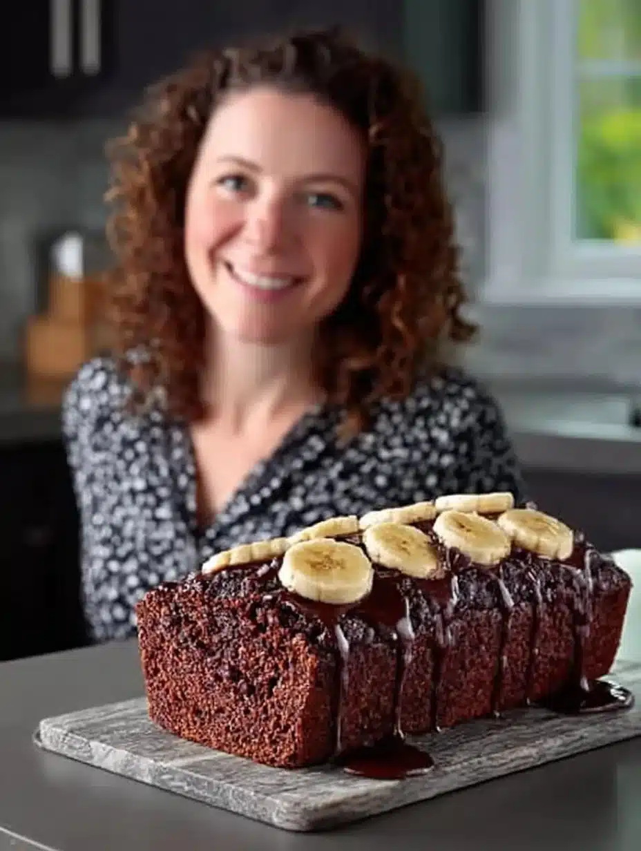 Slice of triple chocolate banana bread with chocolate chunks on a wooden plate.