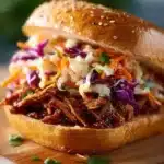 Vegan BBQ jackfruit sandwich with fresh toppings on a wooden plate.