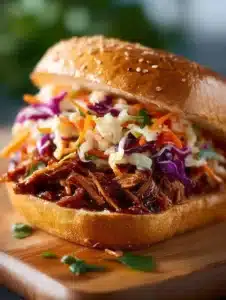 Vegan BBQ jackfruit sandwich with fresh toppings on a wooden plate.