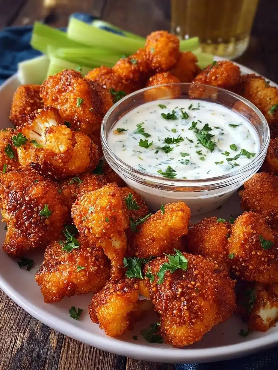 Vegan Cauliflower Buffalo Wings served with dipping sauce and celery sticks