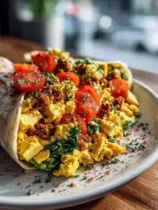Vegan tofu scramble breakfast served in a colorful bowl with vegetables