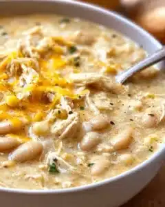 A bowl of creamy white chicken chili topped with cilantro and lime.