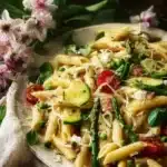 Bowl of asparagus lemon pasta garnished with fresh herbs and lemon zest.