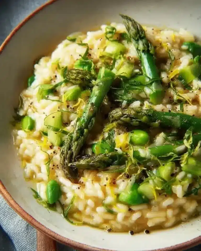 Creamy asparagus risotto served in a white bowl for a spring weeknight meal.
