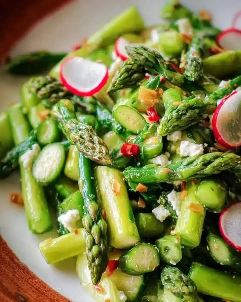 Fresh asparagus salad with lemon vinaigrette dressing served in a bowl