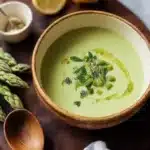 Delicious bowl of homemade asparagus soup garnished with fresh herbs