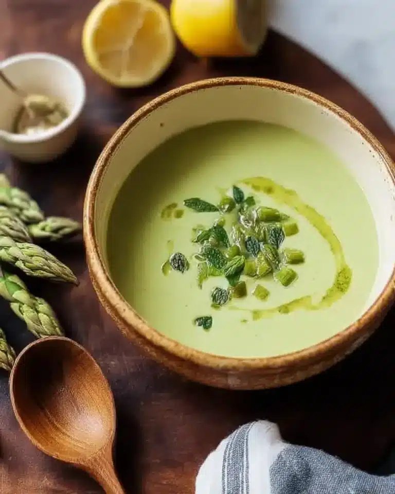 Delicious bowl of homemade asparagus soup garnished with fresh herbs