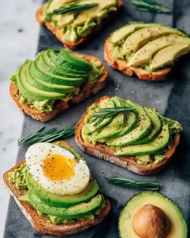 Delicious avocado toast topped with creamy smashed avocado and seasonings