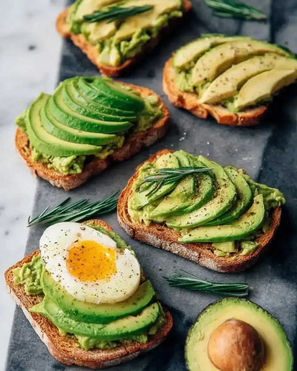 Delicious avocado toast topped with creamy smashed avocado and seasonings