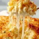 Deliciously baked mac and cheese topped with golden breadcrumbs