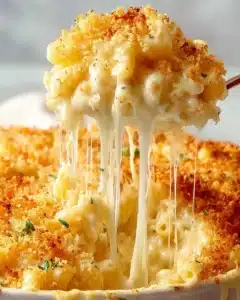 Deliciously baked mac and cheese topped with golden breadcrumbs