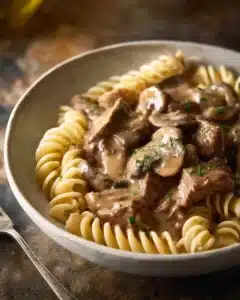 Delicious serving of Beef Stroganoff with noodles and mushrooms