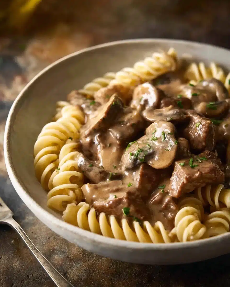 Delicious serving of Beef Stroganoff with noodles and mushrooms