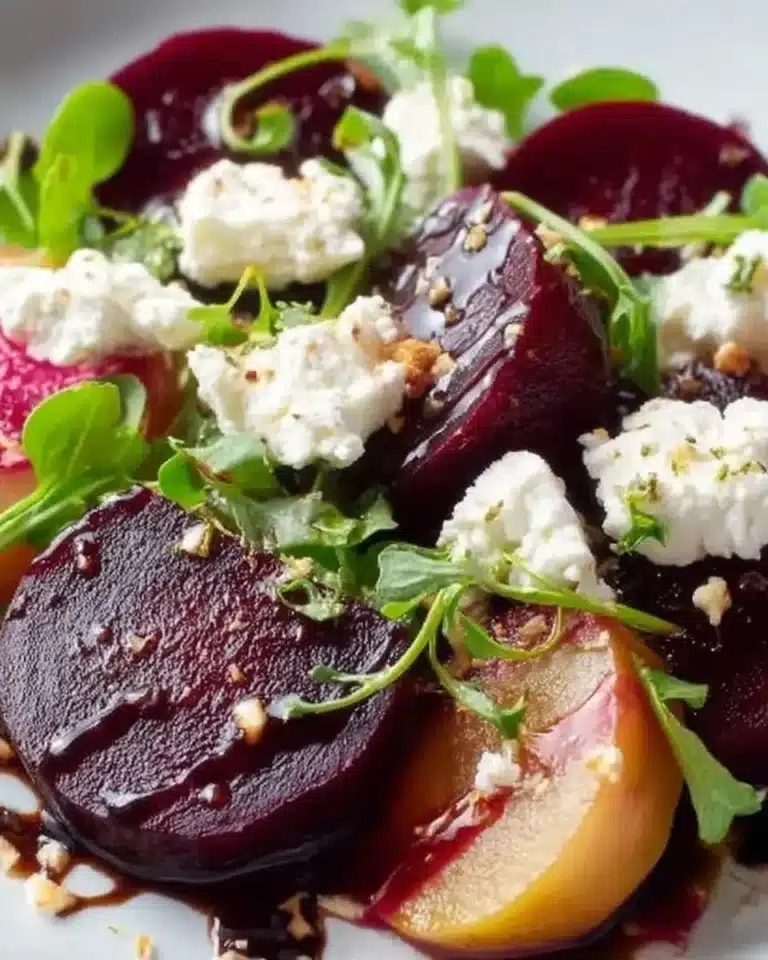 Colorful beet salad with goat cheese drizzled with balsamic dressing