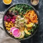 Colorful Buddha bowl with fresh vegetables, grains, and dressing, showcasing a healthy vegan meal.