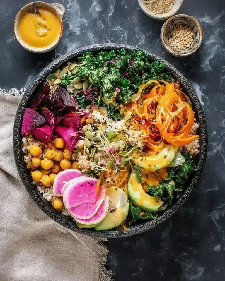 Colorful Buddha bowl with fresh vegetables, grains, and dressing, showcasing a healthy vegan meal.