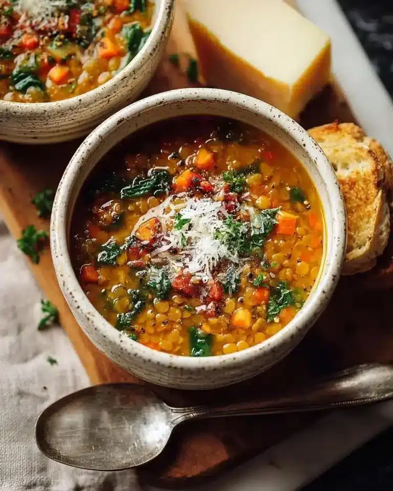 Delicious bowl of homemade lentil soup with vegetables and spices