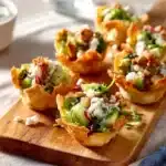 Caesar salad wonton cups filled with romaine, cheese, and dressing