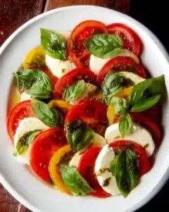 Delicious Caprese Salad with fresh tomatoes, mozzarella cheese, and basil leaves