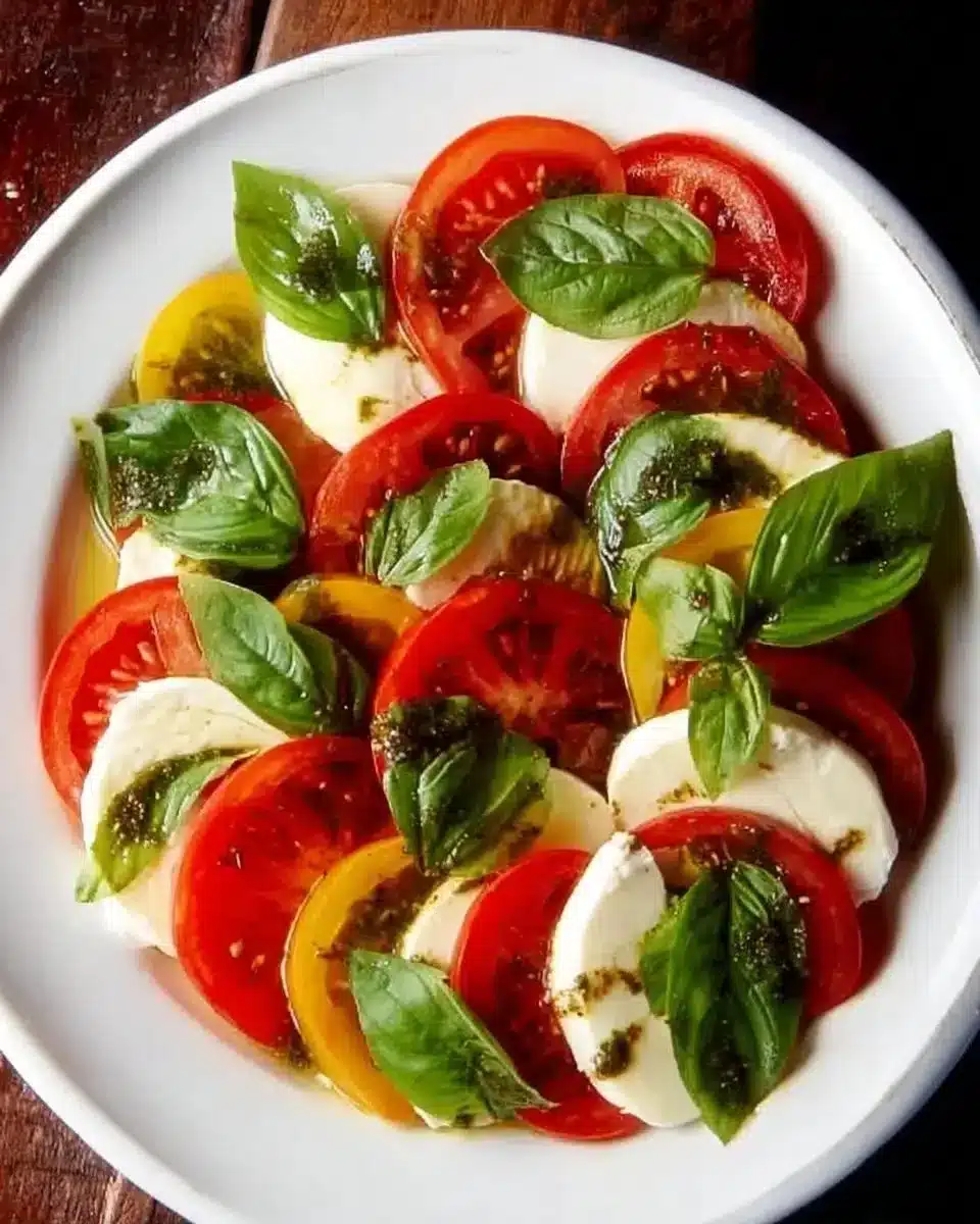 Delicious Caprese Salad with fresh tomatoes, mozzarella cheese, and basil leaves
