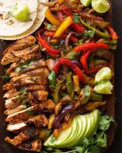 Delicious chicken fajitas served with colorful bell peppers and spices