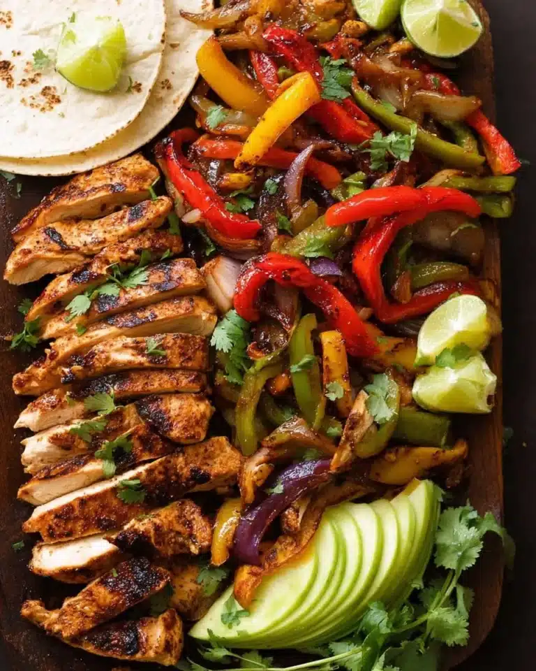 Delicious chicken fajitas served with colorful bell peppers and spices
