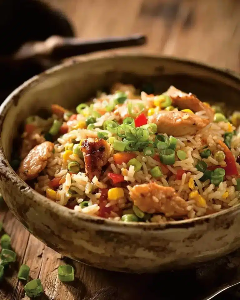 Delicious chicken fried rice garnished with vegetables and chicken pieces.