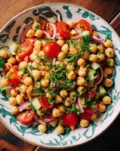 Colorful chickpea salad with fresh vegetables and herbs