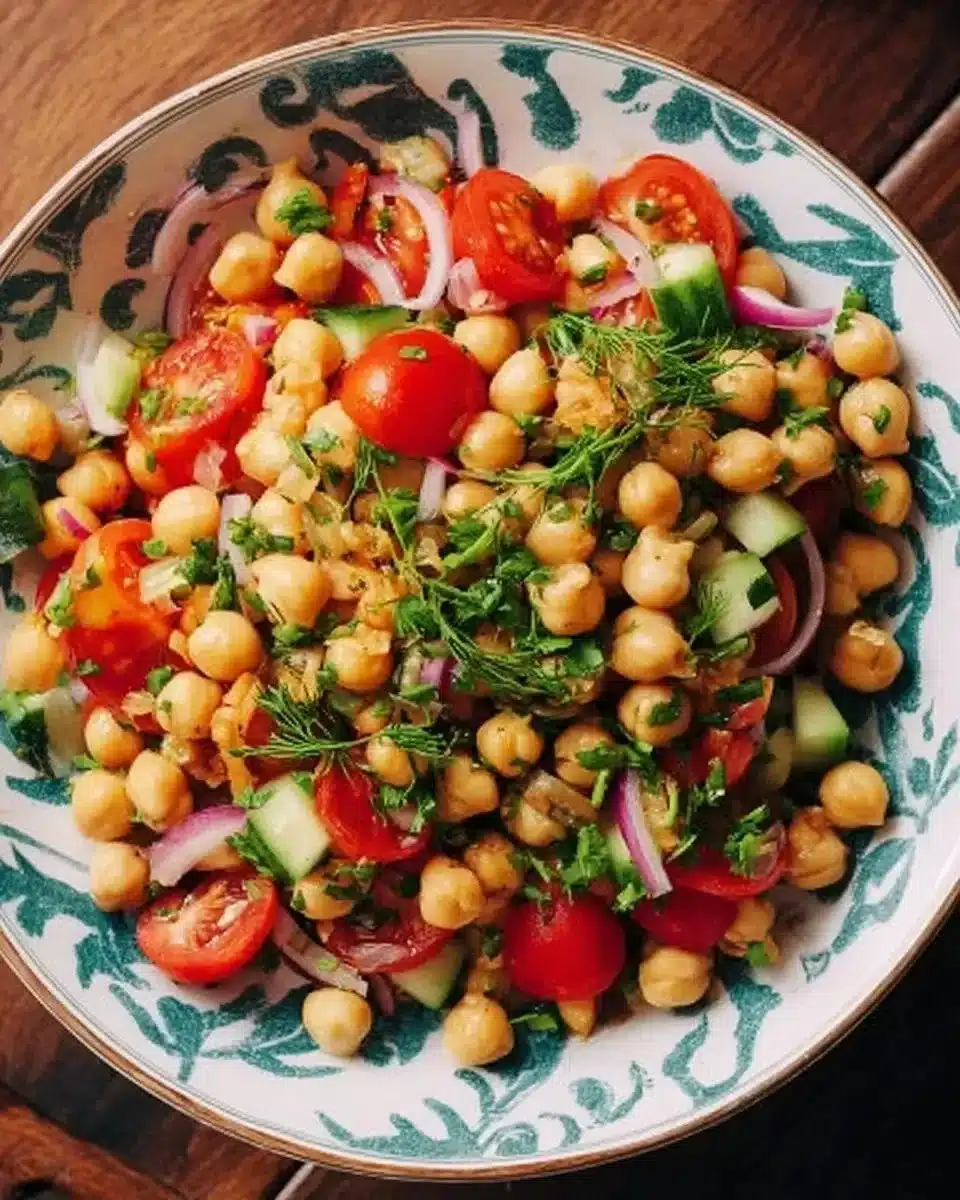 Colorful chickpea salad with fresh vegetables and herbs