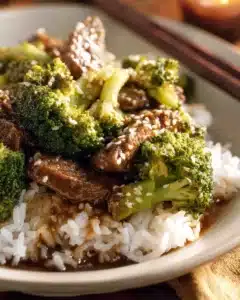 Delicious plate of Chinese beef and broccoli stir-fry with vibrant vegetables.