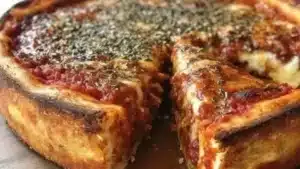 A delicious slice of Classic Chicago Deep Dish Pizza showcasing layers of cheese and toppings.