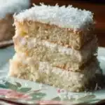 Classic Coconut Cake topped with creamy coconut frosting and shredded coconut.